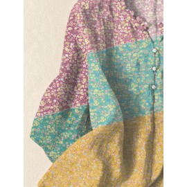 Women Ditsy Floral Print Patchwork Frill Neck Split Hem Blouse