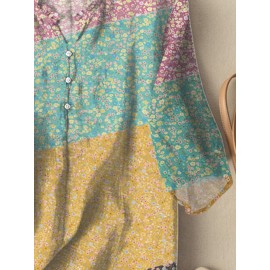 Women Ditsy Floral Print Patchwork Frill Neck Split Hem Blouse