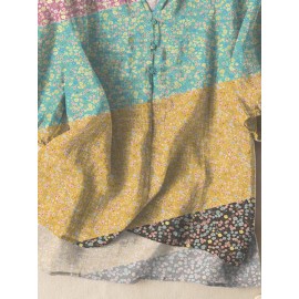 Women Ditsy Floral Print Patchwork Frill Neck Split Hem Blouse