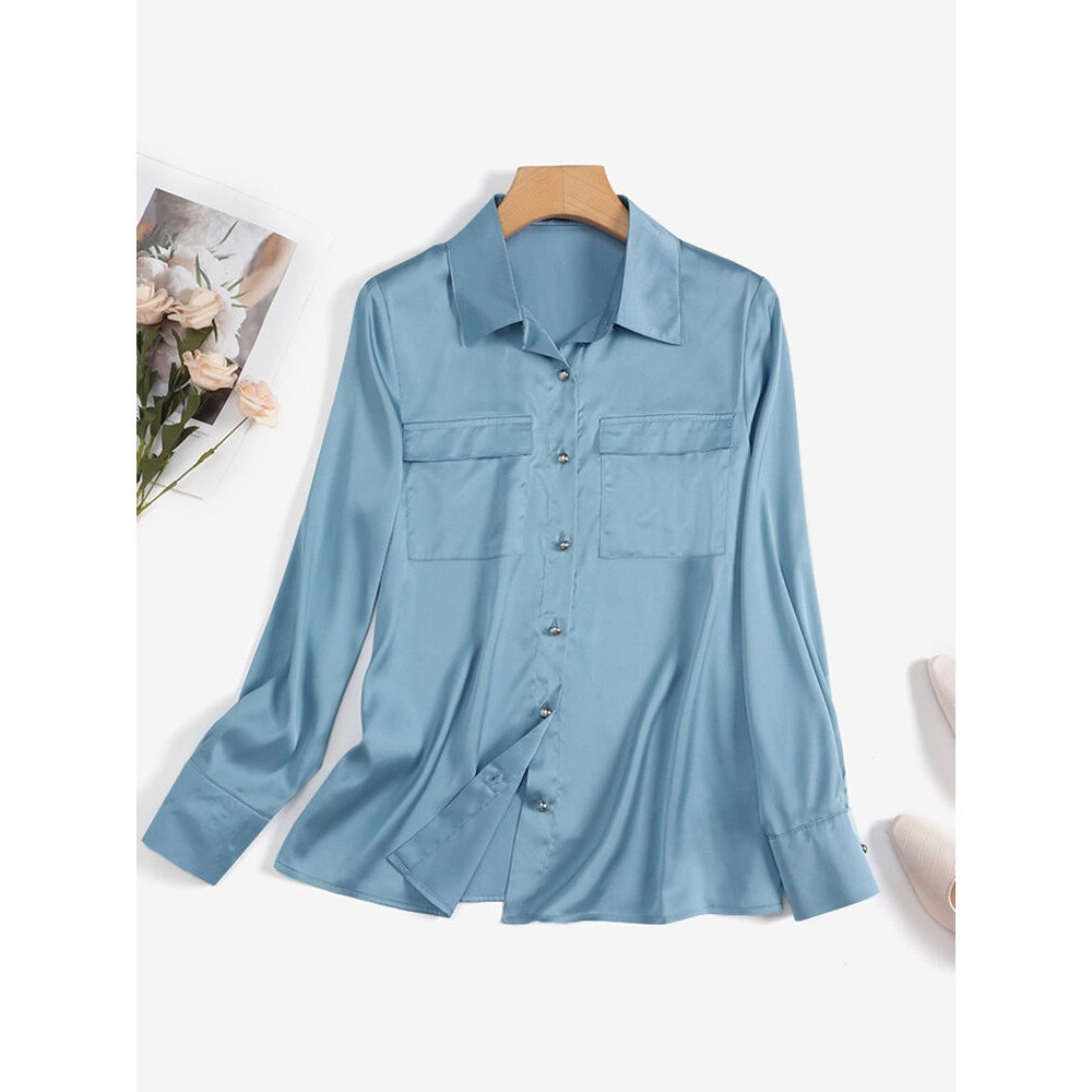 Women Satin Lapel Flap Pocket Solid Long Sleeve Shirt Women Satin Lapel Flap Pocket Solid Long Sleeve Shirt