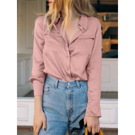 Women Satin Lapel Flap Pocket Solid Long Sleeve Shirt Women Satin Lapel Flap Pocket Solid Long Sleeve Shirt