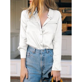 Women Satin Lapel Flap Pocket Solid Long Sleeve Shirt Women Satin Lapel Flap Pocket Solid Long Sleeve Shirt