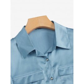 Women Satin Lapel Flap Pocket Solid Long Sleeve Shirt Women Satin Lapel Flap Pocket Solid Long Sleeve Shirt