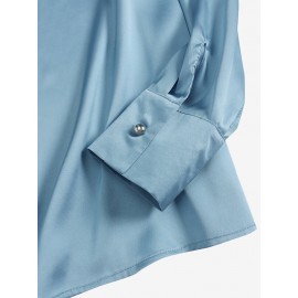 Women Satin Lapel Flap Pocket Solid Long Sleeve Shirt Women Satin Lapel Flap Pocket Solid Long Sleeve Shirt
