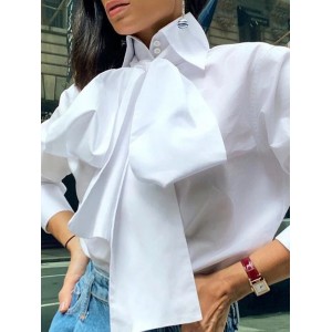Women Solid Bowknot Button Front Casual Long Sleeve Shirt