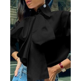 Women Solid Bowknot Button Front Casual Long Sleeve Shirt