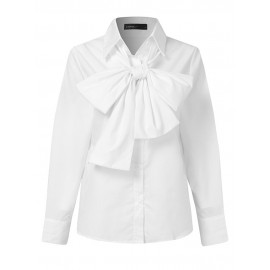 Women Solid Bowknot Button Front Casual Long Sleeve Shirt