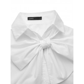 Women Solid Bowknot Button Front Casual Long Sleeve Shirt