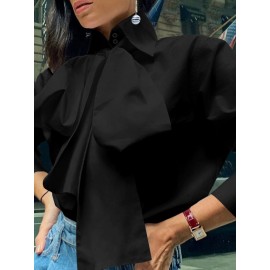 Women Solid Bowknot Button Front Casual Long Sleeve Shirt