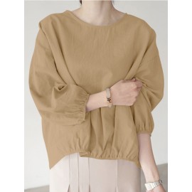 Women Solid Crew Neck High-LowÂ Hem Cotton Blouse