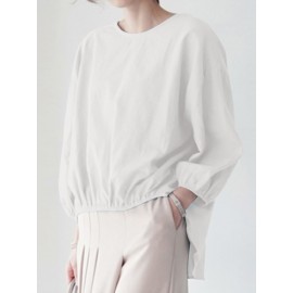 Women Solid Crew Neck High-LowÂ Hem Cotton Blouse