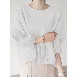 Women Solid Crew Neck High-LowÂ Hem Cotton Blouse