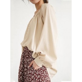 Women Plain Half Button Casual Long Sleeve Blouse