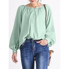 Women Plain Half Button Casual Long Sleeve Blouse