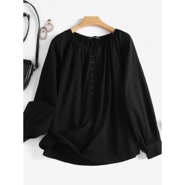Women Plain Half Button Casual Long Sleeve Blouse