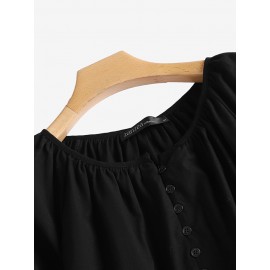 Women Plain Half Button Casual Long Sleeve Blouse