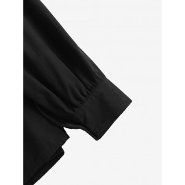 Women Plain Half Button Casual Long Sleeve Blouse