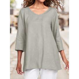 Women Plain Crew Neck Cotton Casual 3/4 Sleeve Blouse