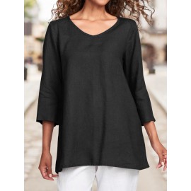 Women Plain Crew Neck Cotton Casual 3/4 Sleeve Blouse