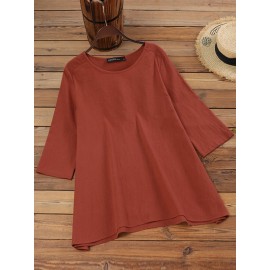 Women Plain Crew Neck Cotton Casual 3/4 Sleeve Blouse
