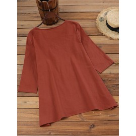 Women Plain Crew Neck Cotton Casual 3/4 Sleeve Blouse