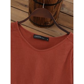 Women Plain Crew Neck Cotton Casual 3/4 Sleeve Blouse