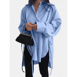 Solid Color Long Sleeve Side Slit Lace-up Irregular Shirt For Women Solid Color Long Sleeve Side Slit Lace-up Irregular Shirt For Women