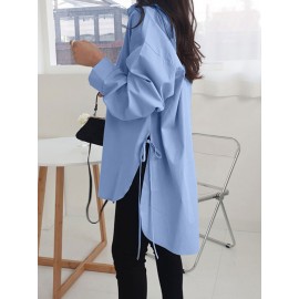 Solid Color Long Sleeve Side Slit Lace-up Irregular Shirt For Women