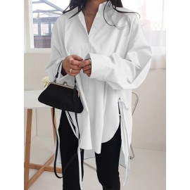 Solid Color Long Sleeve Side Slit Lace-up Irregular Shirt For Women