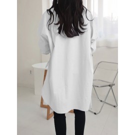Solid Color Long Sleeve Side Slit Lace-up Irregular Shirt For Women