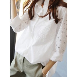 Women Lace Patchwork Lapel Button Front Long Sleeve Shirt