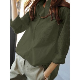 Women Lace Patchwork Lapel Button Front Long Sleeve Shirt