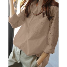 Women Lace Patchwork Lapel Button Front Long Sleeve Shirt