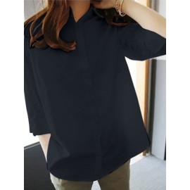 Women Lace Patchwork Lapel Button Front Long Sleeve Shirt