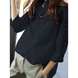 Women Lace Patchwork Lapel Button Front Long Sleeve Shirt