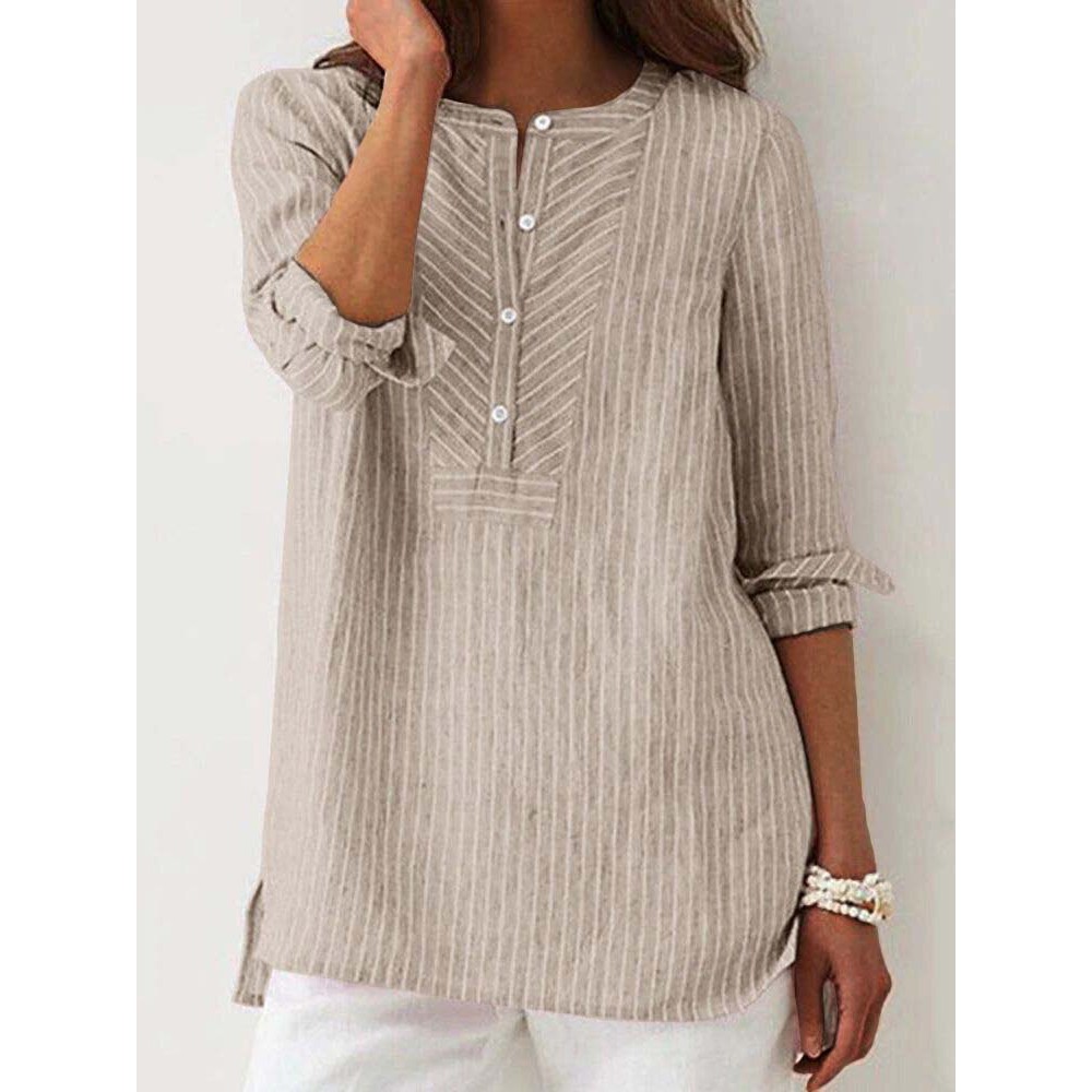 Women Striped Half Button High-LowÂ Hem Cotton Blouse