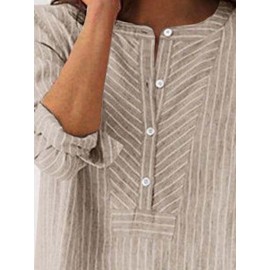 Women Striped Half Button High-LowÂ Hem Cotton Blouse