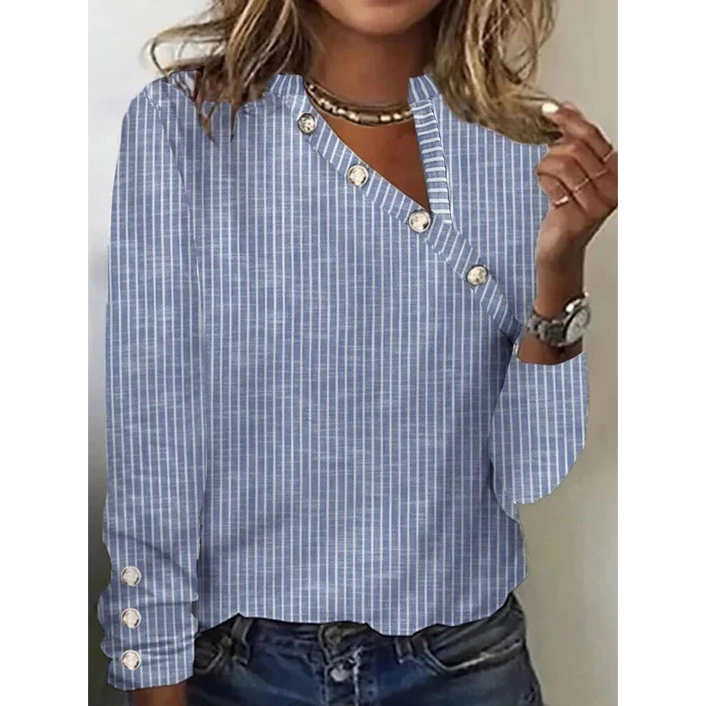 Women Striped Button Design Cotton Long Sleeve Blouse
