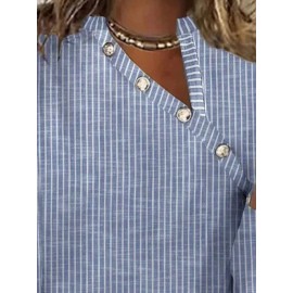 Women Striped Button Design Cotton Long Sleeve Blouse