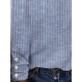 Women Striped Button Design Cotton Long Sleeve Blouse