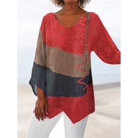 Women Color Block Print Patchwork V-Neck Cotton Irregular Hem Blouse Women Color Block Print Patchwork V-Neck Cotton Irregular Hem Blouse