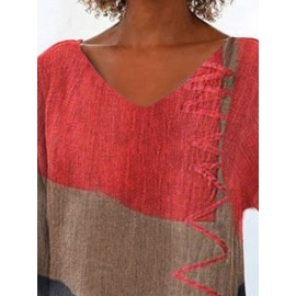 Women Color Block Print Patchwork V-Neck Cotton Irregular Hem Blouse