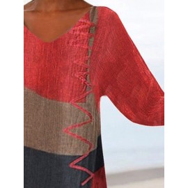 Women Color Block Print Patchwork V-Neck Cotton Irregular Hem Blouse