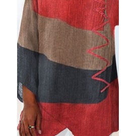 Women Color Block Print Patchwork V-Neck Cotton Irregular Hem Blouse