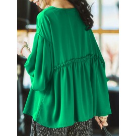 Women Solid Pleated Crew Neck Casual Long Sleeve Blouse