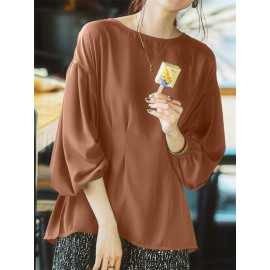 Women Solid Pleated Crew Neck Casual Long Sleeve Blouse