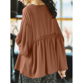 Women Solid Pleated Crew Neck Casual Long Sleeve Blouse