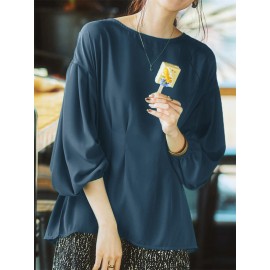 Women Solid Pleated Crew Neck Casual Long Sleeve Blouse