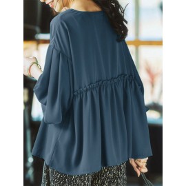 Women Solid Pleated Crew Neck Casual Long Sleeve Blouse