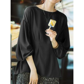 Women Solid Pleated Crew Neck Casual Long Sleeve Blouse